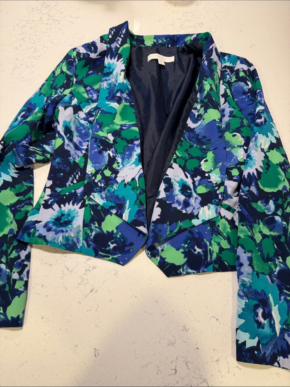 New York & Company Blue and Green Floral Cropped Blazer